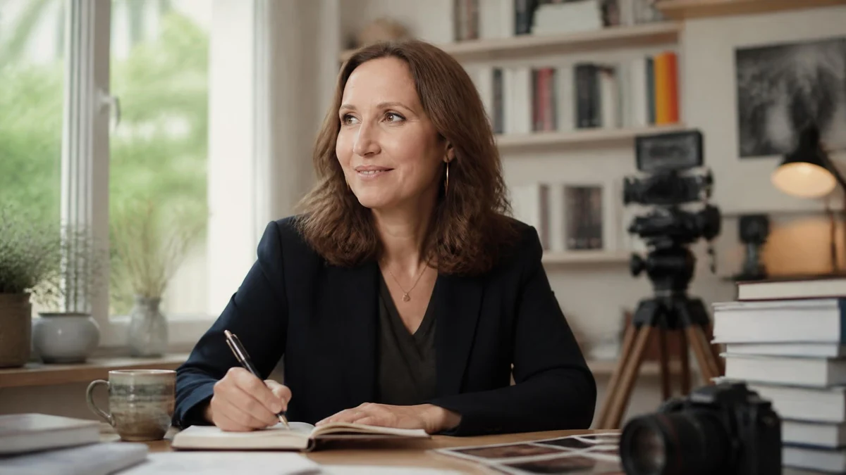 Vanessa Caffin écrit dans son bureau lumineux avec une bibliothèque et du matériel de tournage en arrière-plan