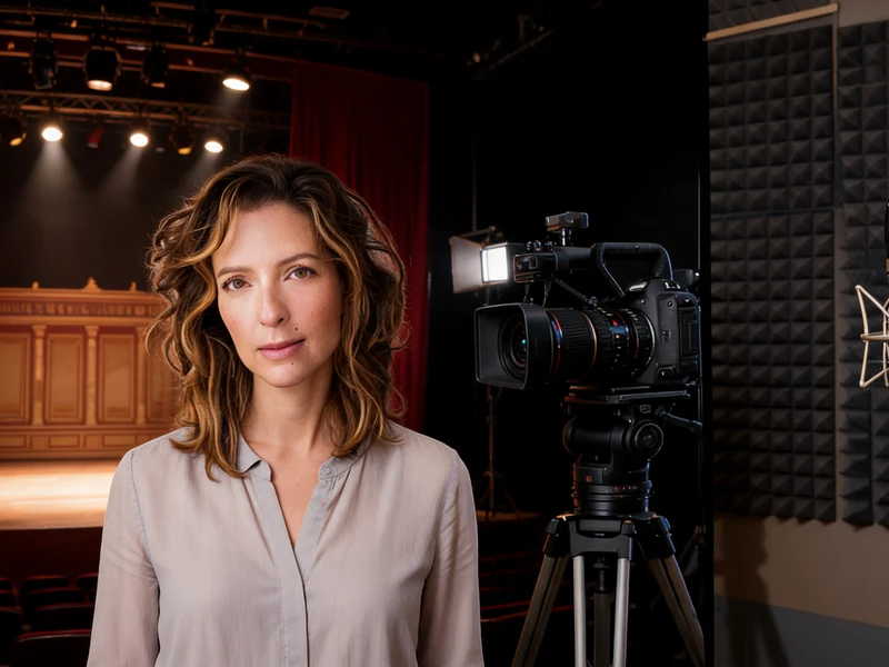 Vanessa Johansson pose devant une scène de théâtre, une caméra et un micro de studio d'enregistrement