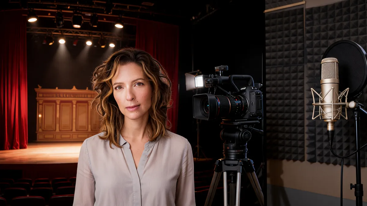 Vanessa Johansson pose devant une scène de théâtre, une caméra et un micro de studio d'enregistrement