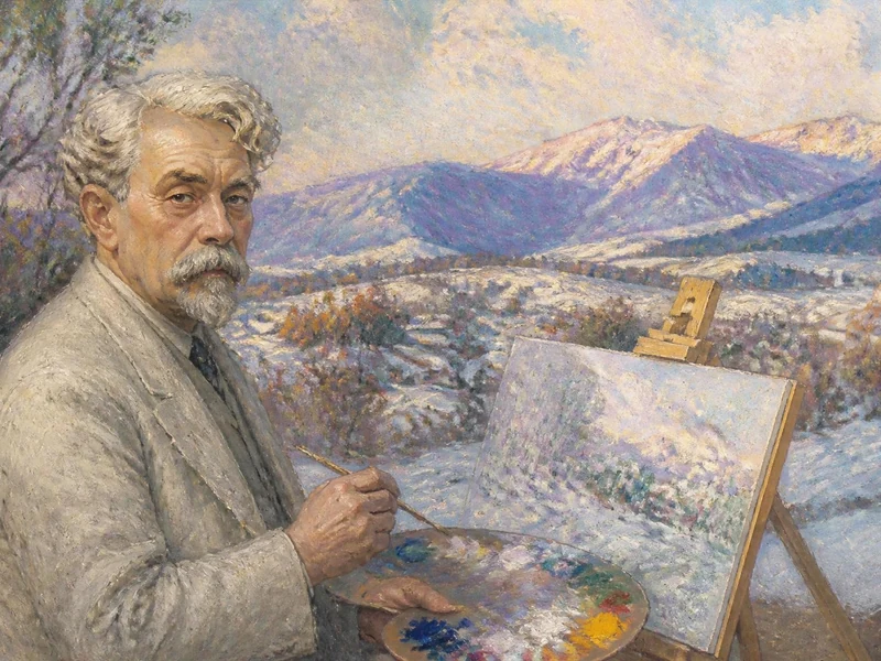 Portrait du peintre Victor Charreton devant son chevalet dans un paysage enneigé