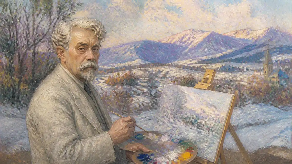 Portrait du peintre Victor Charreton devant son chevalet dans un paysage enneigé