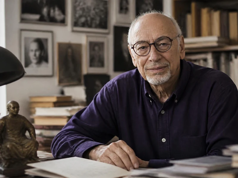 Portrait de l'écrivain Victor Haïm assis à son bureau devant des livres et une lampe de travail
