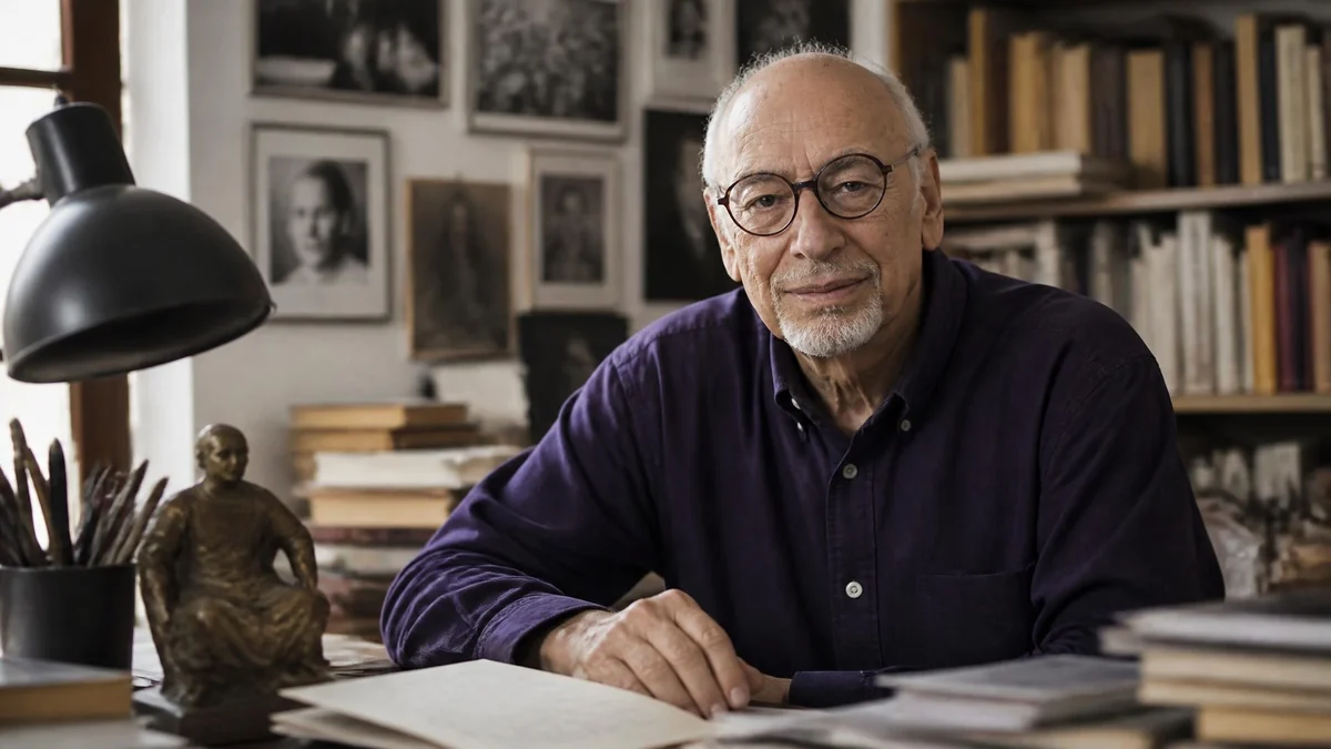 Portrait de l'écrivain Victor Haïm assis à son bureau devant des livres et une lampe de travail