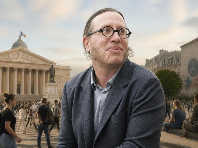 Le chercheur et politologue Vincent Tiberj photographié devant l'Assemblée nationale avec des passants en arrière-plan