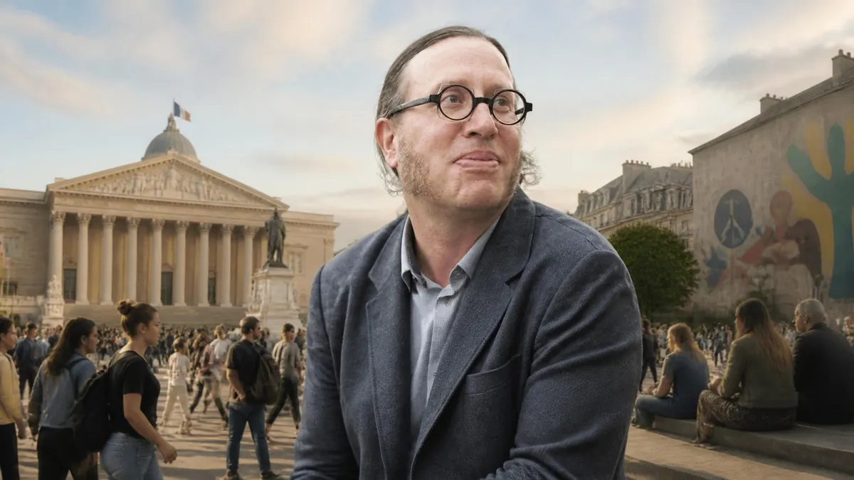 Le chercheur et politologue Vincent Tiberj photographié devant l'Assemblée nationale avec des passants en arrière-plan