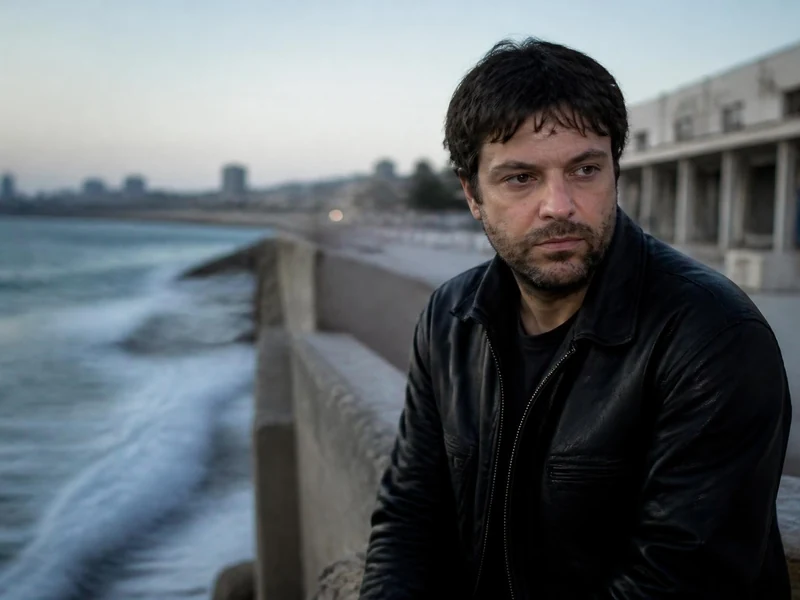 Portrait de Virgil Vernier posant près d'une plage au bord de mer à la tombée de la nuit