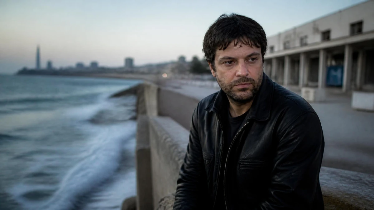 Portrait de Virgil Vernier posant près d'une plage au bord de mer à la tombée de la nuit