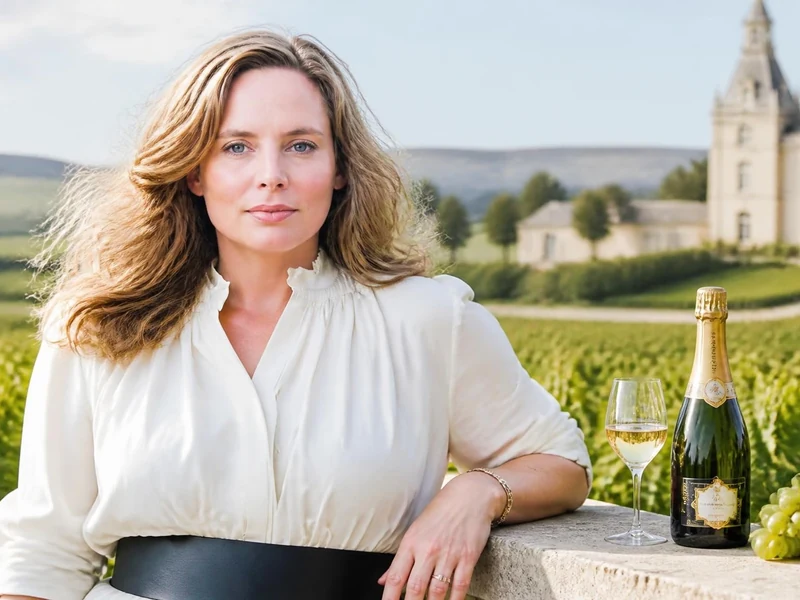 Vitalie Taittinger pose devant un vignoble avec une bouteille de champagne et un château en arrière-plan