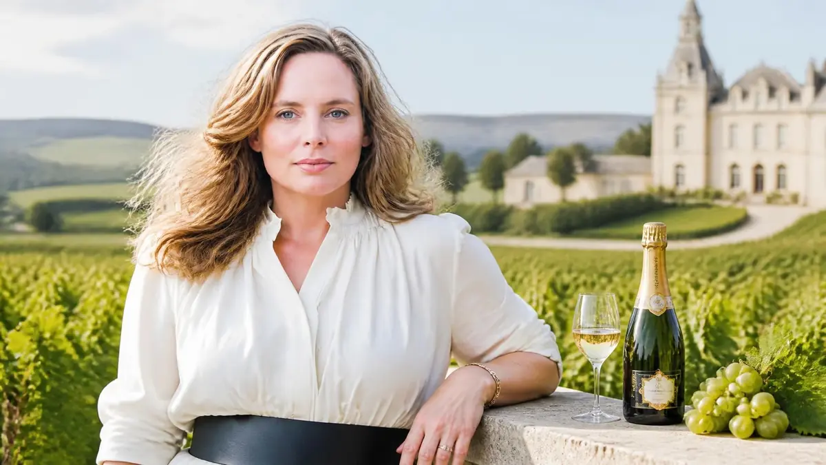 Vitalie Taittinger pose devant un vignoble avec une bouteille de champagne et un château en arrière-plan
