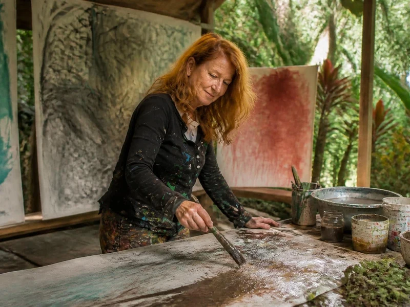 Vivian Suter peint sur une toile posée sur une table dans son atelier entouré par la végétation tropicale