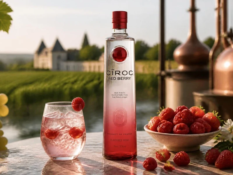 Bouteille de vodka Red Berry posée sur une table avec un verre de cocktail et des fruits rouges frais en arrière-plan