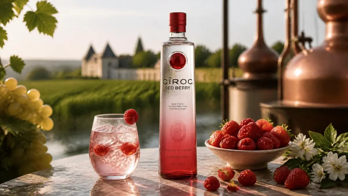 Bouteille de vodka Red Berry posée sur une table avec un verre de cocktail et des fruits rouges frais en arrière-plan