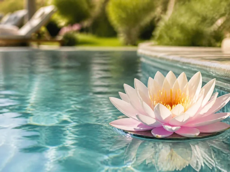 Une fleur Water Lilly flottant à la surface de l'eau claire d'une piscine ensoleillée