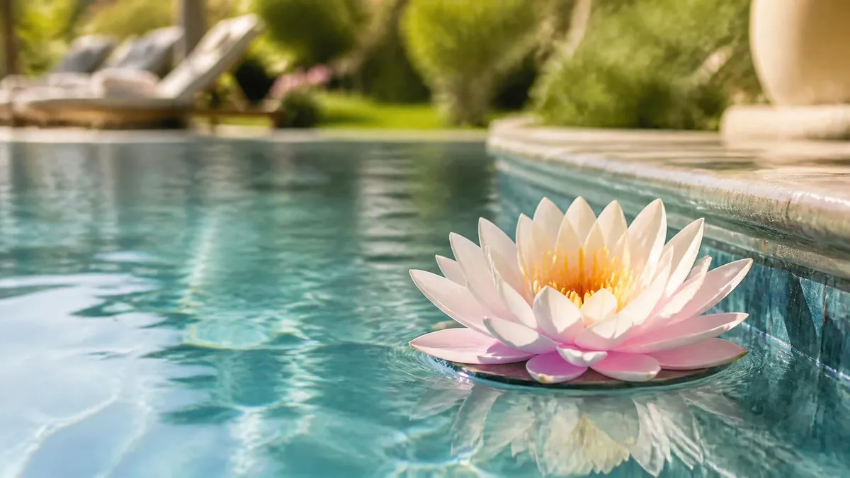 Une fleur Water Lilly flottant à la surface de l'eau claire d'une piscine ensoleillée