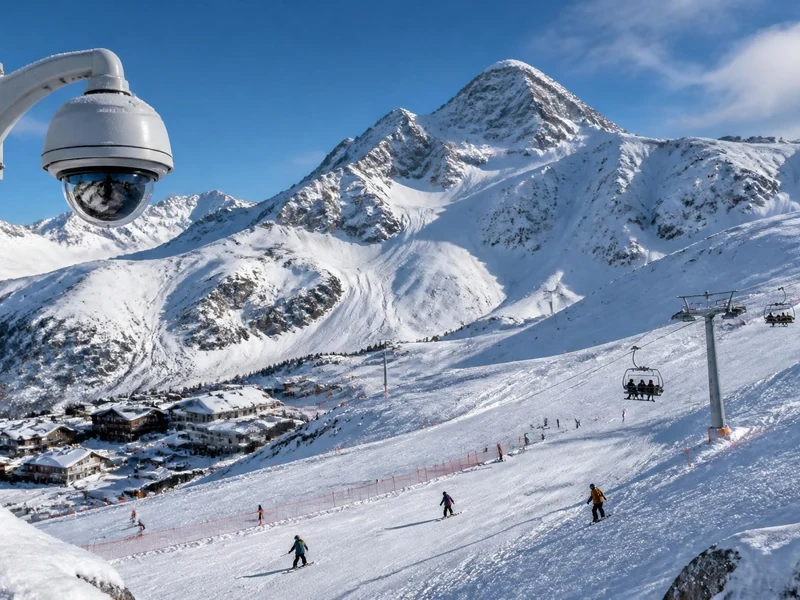 Une Webcam Gourette filme les skieurs sur les pistes enneigées sous un beau ciel bleu en montagne