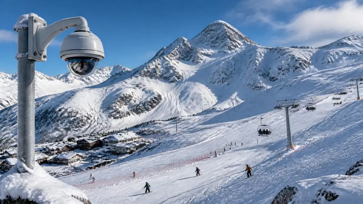 Une Webcam Gourette filme les skieurs sur les pistes enneigées sous un beau ciel bleu en montagne