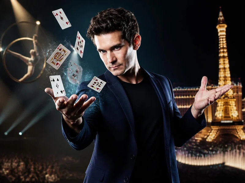 Xavier Mortimer réalise un tour de magie avec des cartes devant une scène de spectacle à Las Vegas