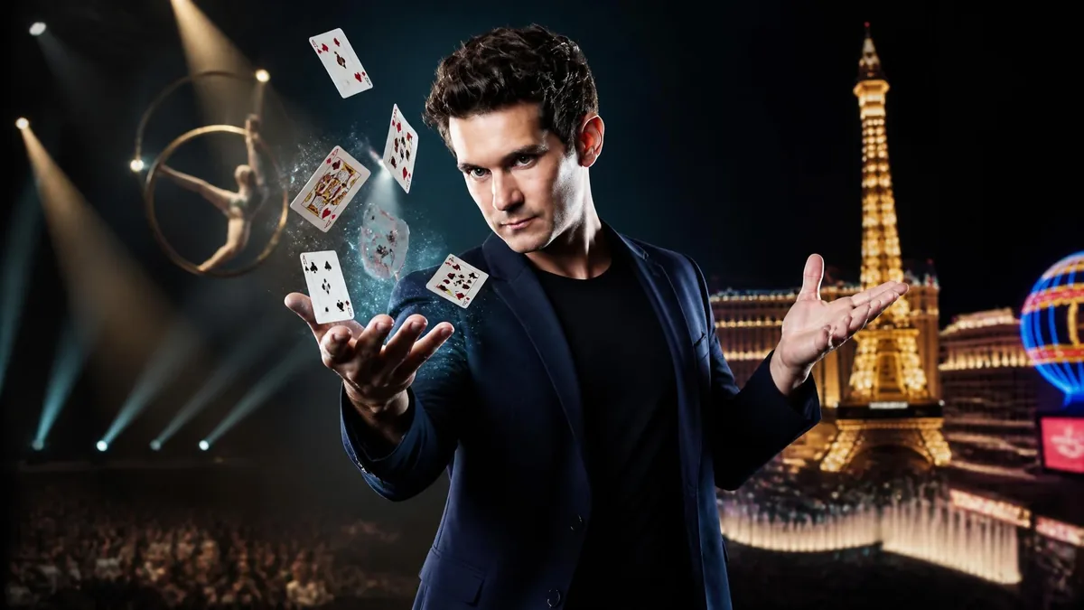 Xavier Mortimer réalise un tour de magie avec des cartes devant une scène de spectacle à Las Vegas