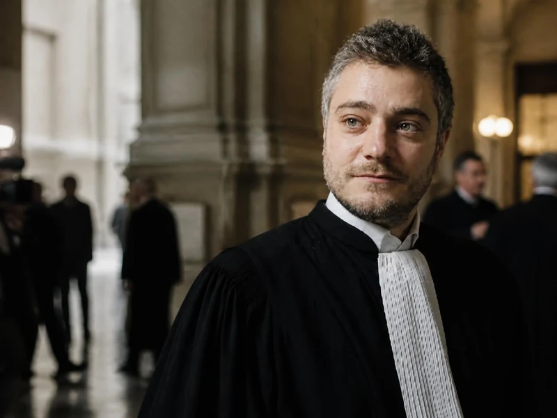 Portrait de l'avocat Xavier Nogueras portant sa robe noire dans les couloirs d'un tribunal