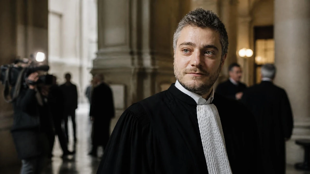 Portrait de l'avocat Xavier Nogueras portant sa robe noire dans les couloirs d'un tribunal