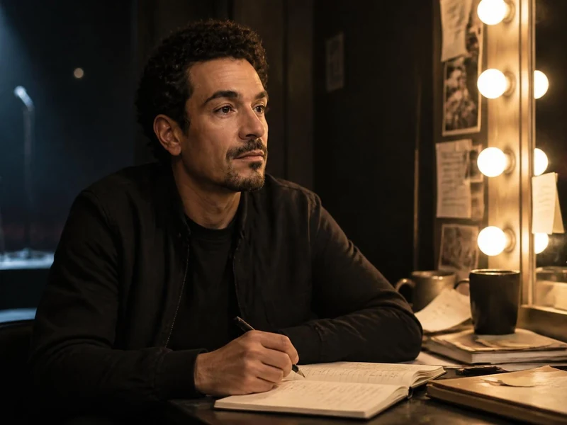 Yacine Belhousse écrit dans un carnet devant un miroir de loge avec une scène de spectacle en arrière-plan