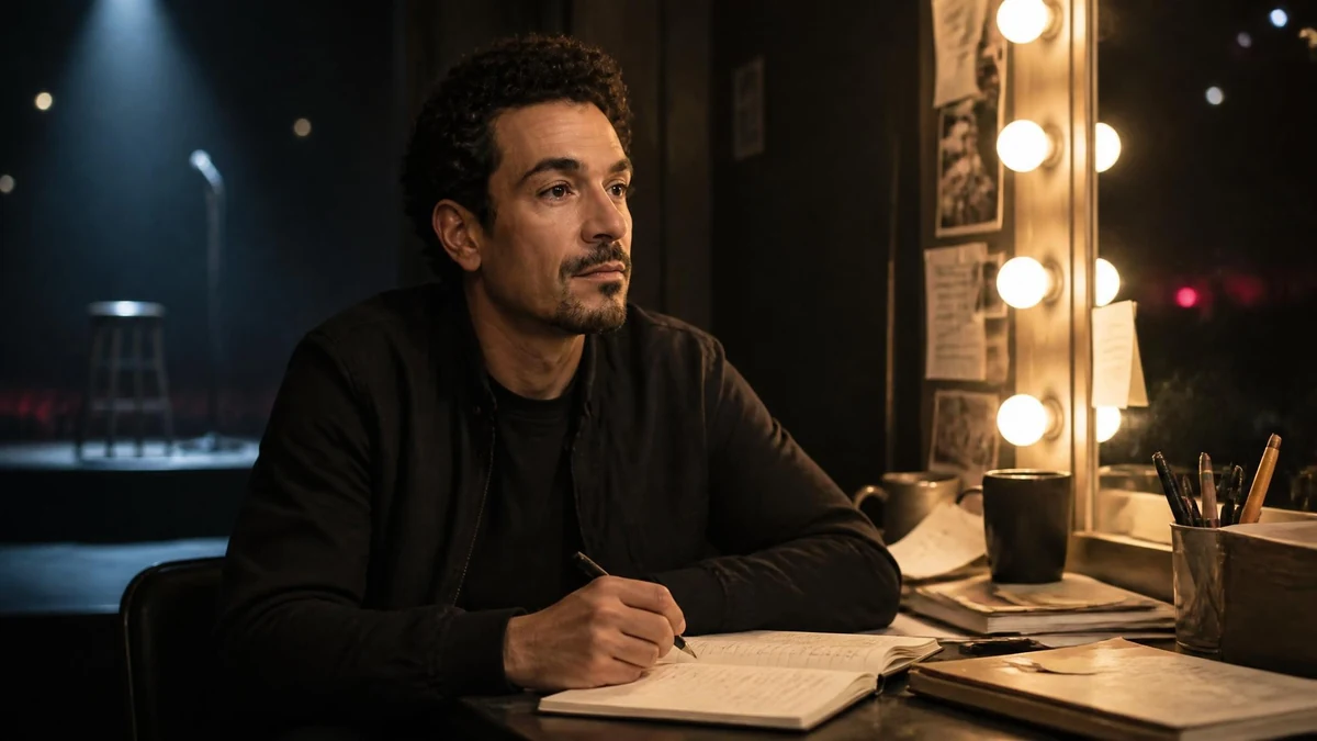 Yacine Belhousse écrit dans un carnet devant un miroir de loge avec une scène de spectacle en arrière-plan