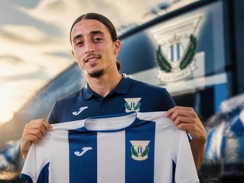 Le footballeur Yassine Kechta présente fièrement un maillot de son club devant un stade en arrière-plan