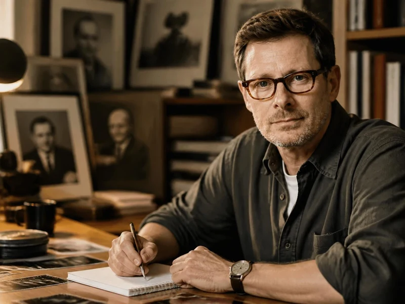 Portrait du réalisateur Yves Jeuland assis à son bureau entouré de photos et de livres dans son espace de travail