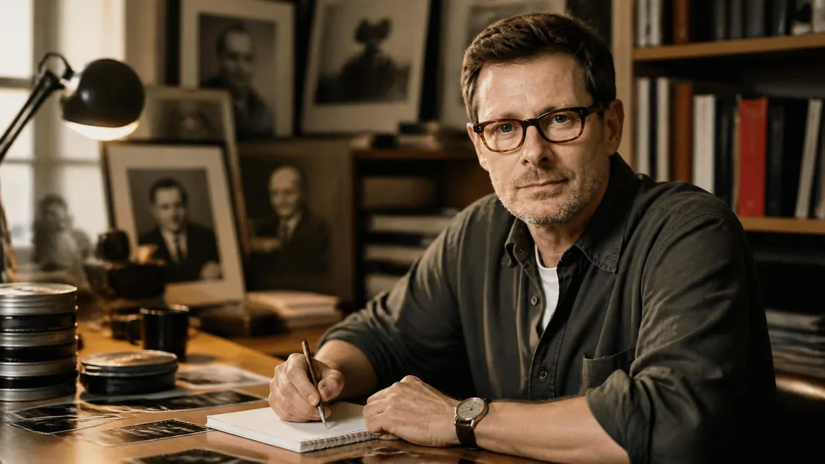 Portrait du réalisateur Yves Jeuland assis à son bureau entouré de photos et de livres dans son espace de travail