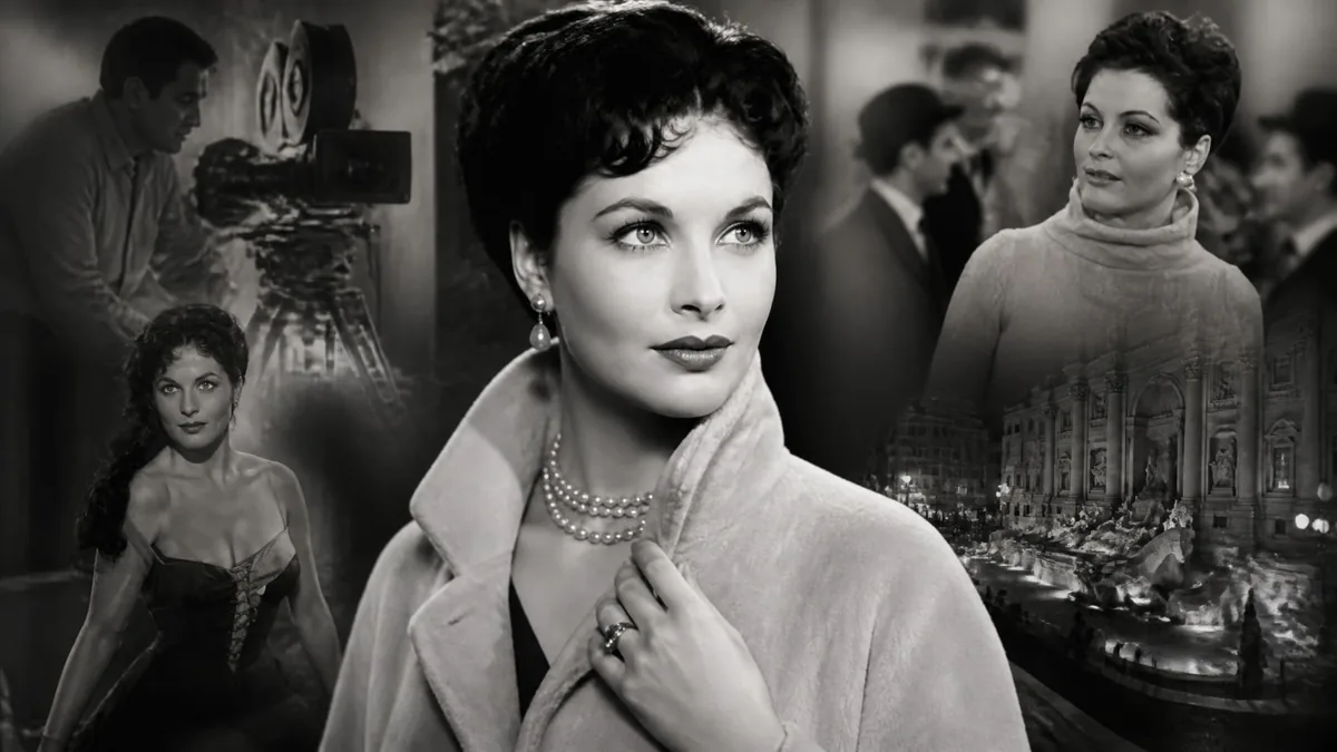 Montage en noir et blanc illustrant les différents rôles et la carrière de l'actrice Yvonne Furneaux