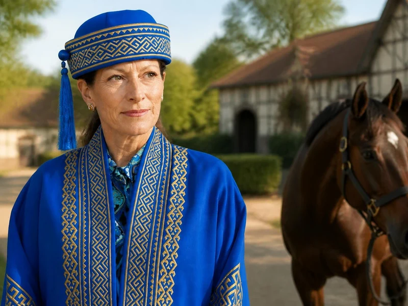 Zahra Aga Khan en tenue traditionnelle bleue devant un cheval dans un haras