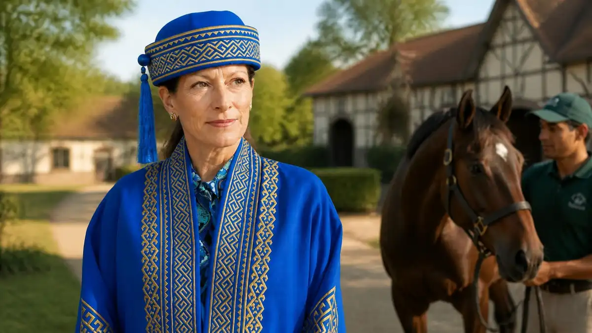 Zahra Aga Khan en tenue traditionnelle bleue devant un cheval dans un haras